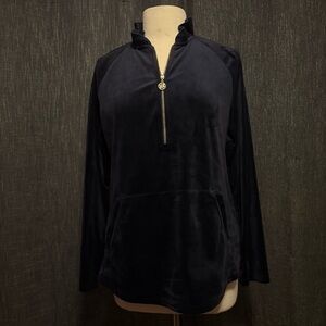 Lilly Pulitzer True Navy Blue Skipper Ruffle Velour Popover Pullover (Large)